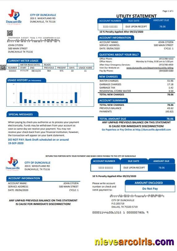 USA Texas City of Duncanville water, sewer, garbage utility bill